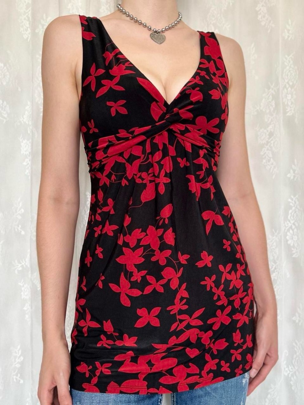 Y2K 2000s Vampy Black & Red Floral Blouse